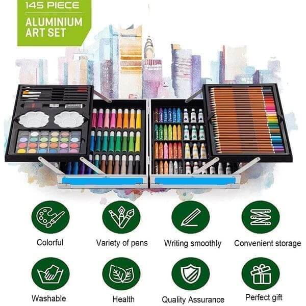 Comprehensive kids' art set in a durable carrying case with a cosmic design, offering a wide range of 145 colors for various painting and craft projects, fostering creativity in children, available at Usmile Toys. www.usmile.toys